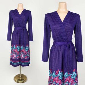 VINTAGE 1980s Purple Turquoise Striped Novelty Fruit border Print Dress